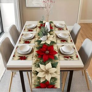 Festive Poinsettia Table Runner w “6” Placemats